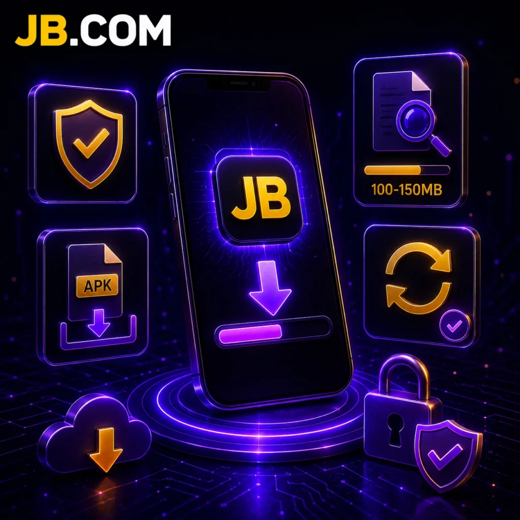 JB.COM app download and update illustration with APK security and file verification.