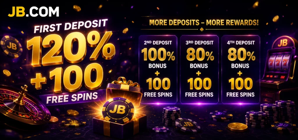 JB.COM welcome bonus banner with deposit rewards and free spins for new players.